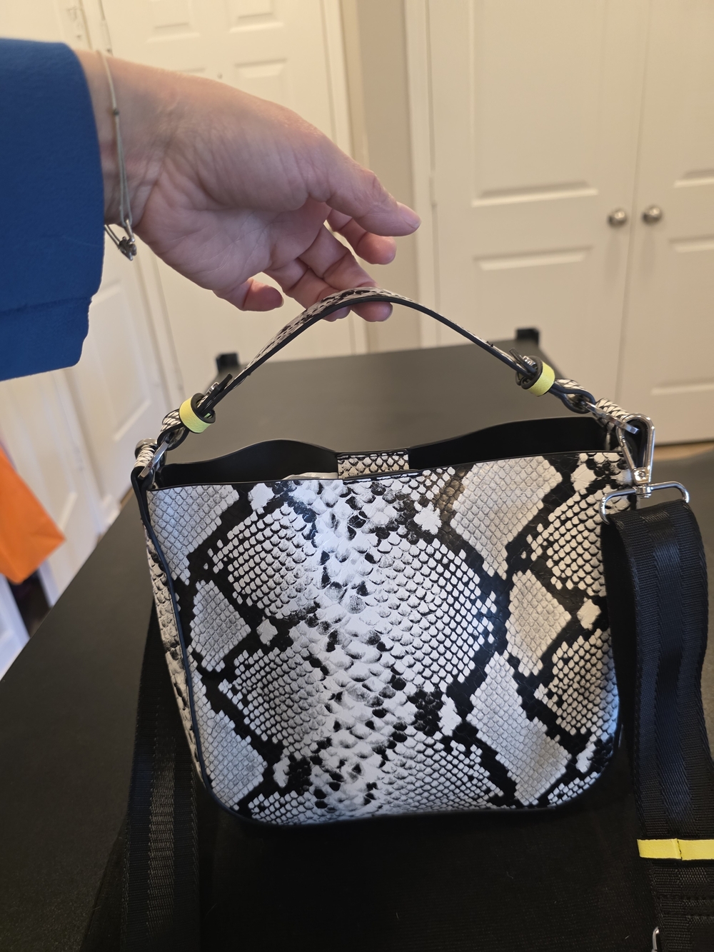 Zara Black & White Snake-Print Shoulder Bag with Yellow Accents